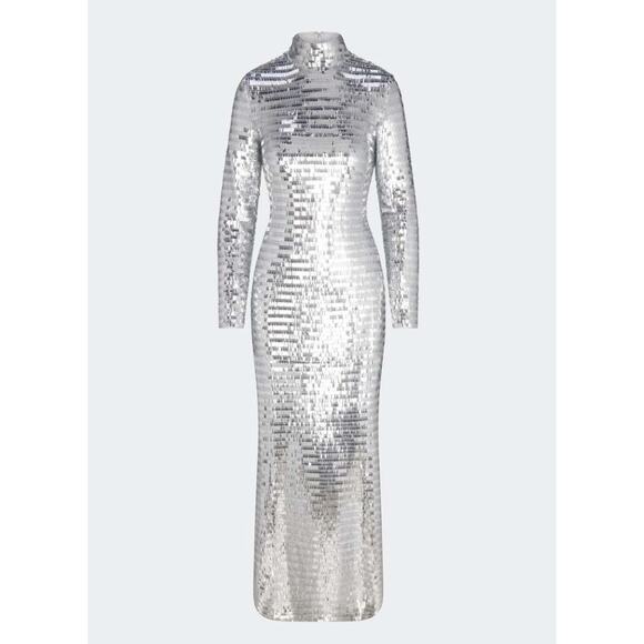 Simon Miller Sequin Sculpty Dress Satellite Silver Satin Maxi Long Sleeve 8 NYE - Picture 4 of 15